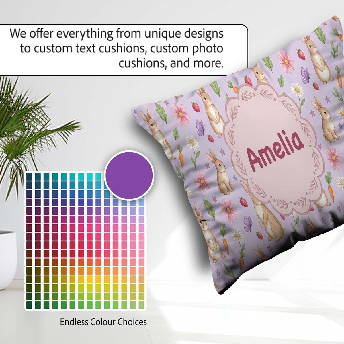 Custom Name Cute Easter Bunnies with Flowers Carrots Soft Lilac Square Filled Cushion Throw Pillow Sofa Bed Home Decor Zip Washable UK Made