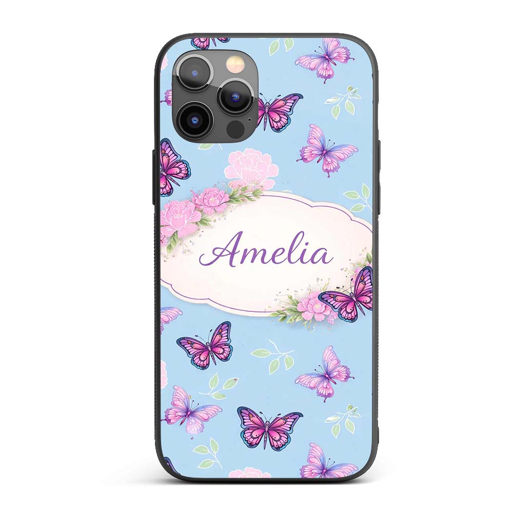 Vibrant Pink Purple Butterflies Sky Blue Seamless Custom Name Protective Phone Case Mobile Cover Durable Everyday Smartphone Shock Resistant