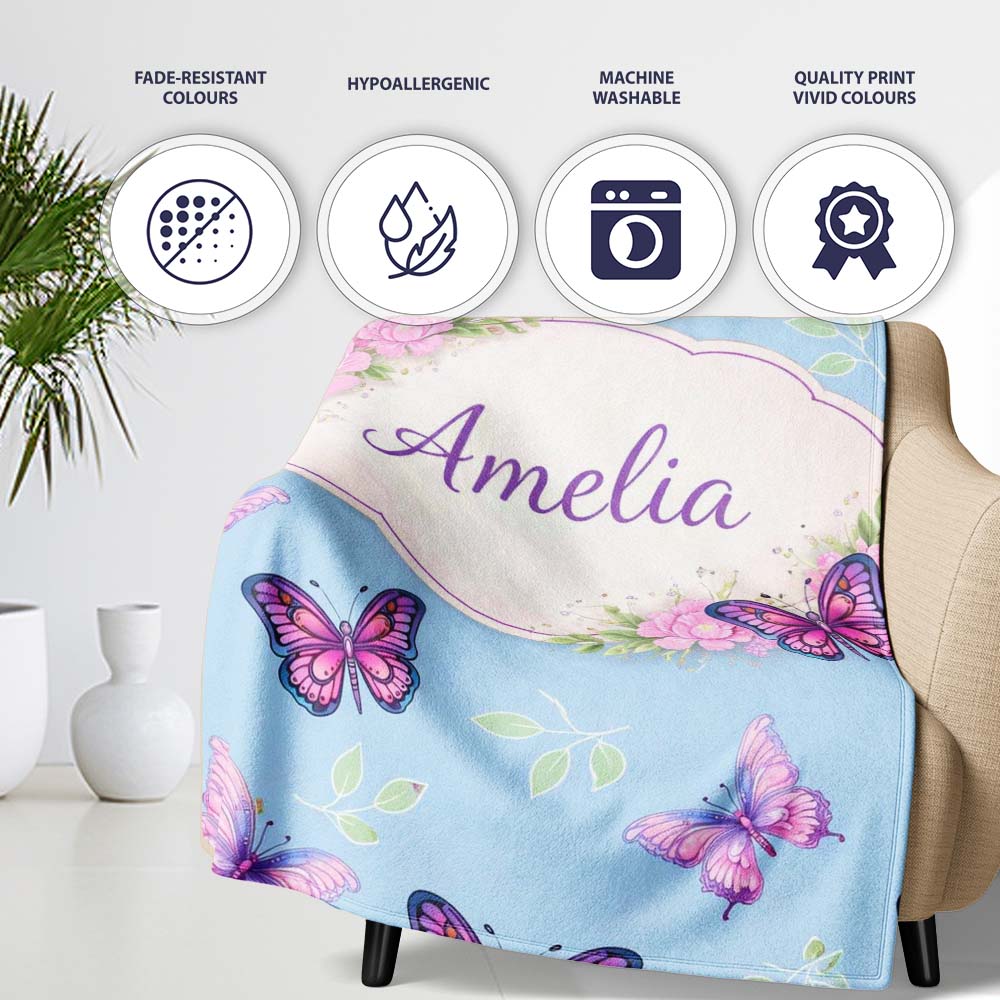 Vibrant Pink Purple Butterflies Sky Blue Seamless Pattern Lovely  Personalised Custom Name Super Soft Fleece Blanket Bed Sofa Throw