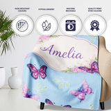 Vibrant Pink Purple Butterflies Sky Blue Seamless Pattern Lovely  Personalised Custom Name Super Soft Fleece Blanket Bed Sofa Throw