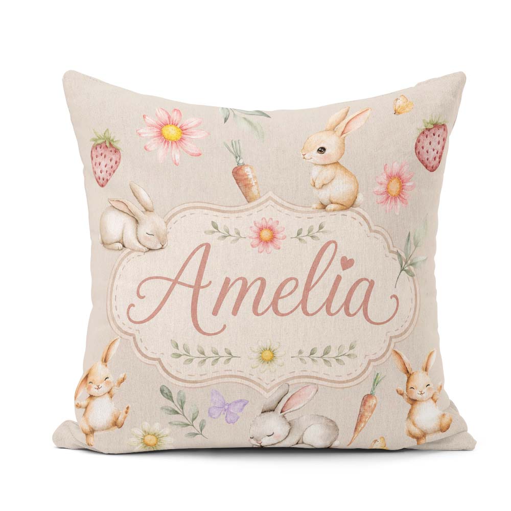 Custom Name Cute Easter Bunnies with Flowers Carrots Soft Beige Square Filled Cushion Throw Pillow Sofa Bed Home Decor Zip Washable UK Made