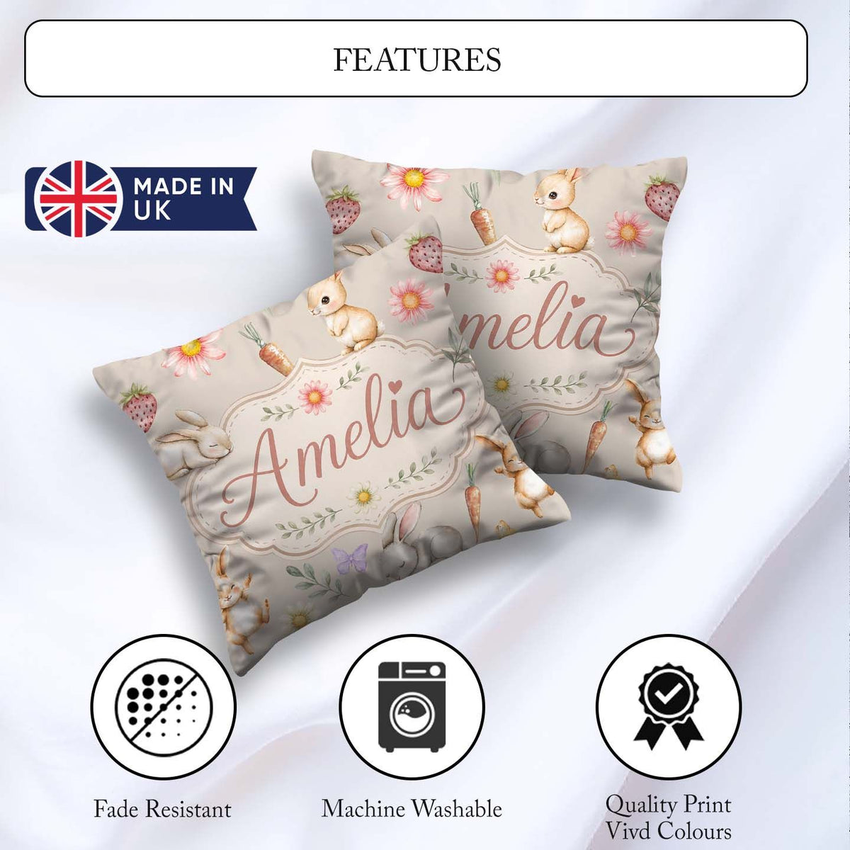 Custom Name Cute Easter Bunnies with Flowers Carrots Soft Beige Square Filled Cushion Throw Pillow Sofa Bed Home Decor Zip Washable UK Made