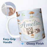 Personalized Custom Name Woodland Hedgehogs with Mushrooms Leaves Soft Blue Seamless Pattern 11oz Ceramic Coffee Tea Mug White Large Handle