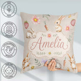 Custom Name Cute Easter Bunnies with Flowers Carrots Soft Beige Square Filled Cushion Throw Pillow Sofa Bed Home Decor Zip Washable UK Made