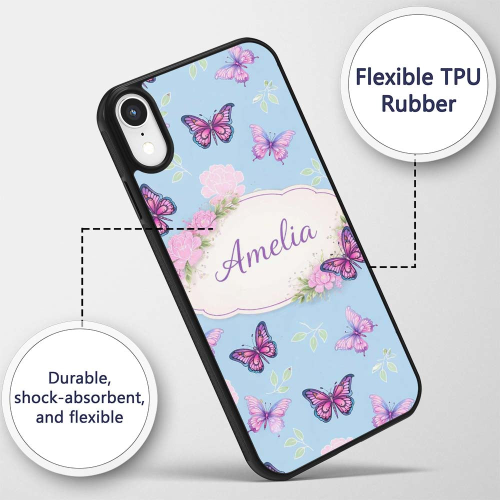 Vibrant Pink Purple Butterflies Sky Blue Seamless Custom Name Protective Phone Case Mobile Cover Durable Everyday Smartphone Shock Resistant