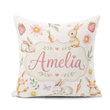 Custom Name Easter Bunnies with Flowers Carrots White Background Square Filled Cushion Throw Pillow Sofa Bed Home Decor Zip Washable UK Made