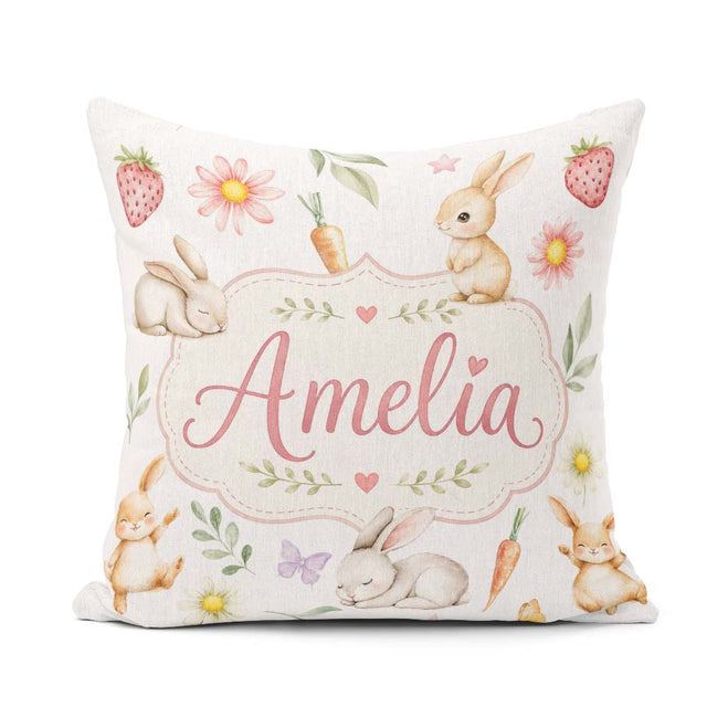 Custom Name Easter Bunnies with Flowers Carrots White Background Square Filled Cushion Throw Pillow Sofa Bed Home Decor Zip Washable UK Made