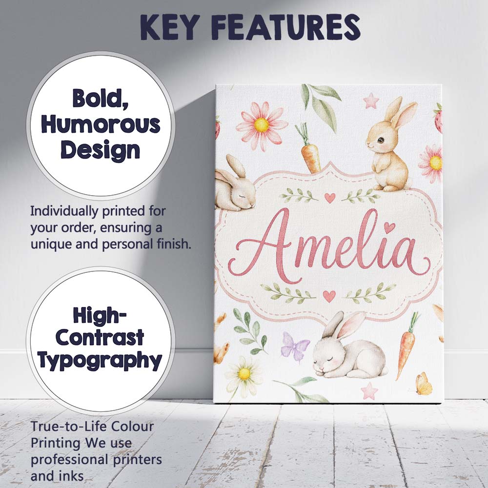 Personalised Name Cute Easter Bunnies with Custom  Unique Gift Idea Elegant Feature Canvas Wall Art Print Decor Picture Ready to Hang