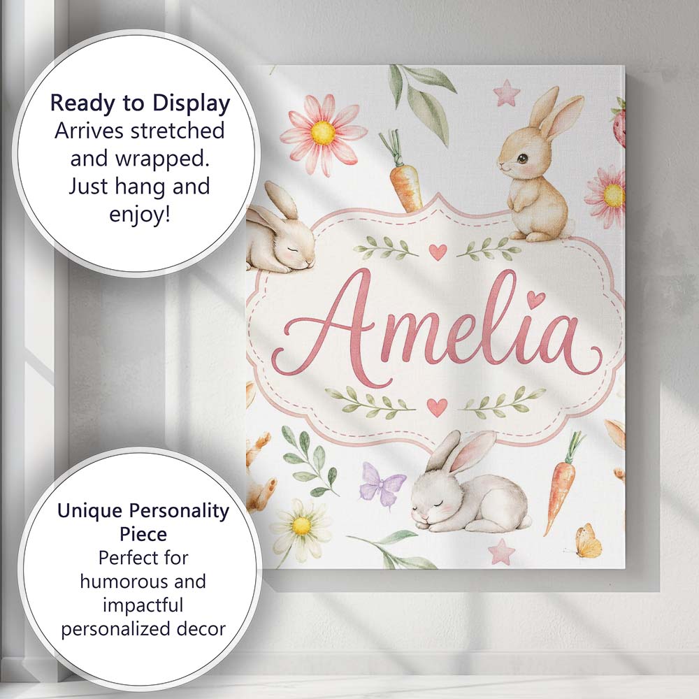 Personalised Name Cute Easter Bunnies with Custom  Unique Gift Idea Elegant Feature Canvas Wall Art Print Decor Picture Ready to Hang