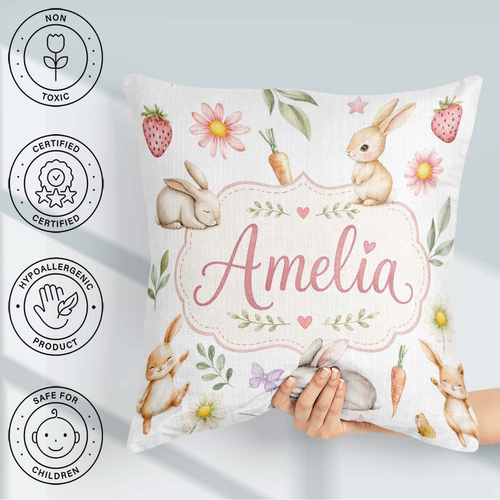 Custom Name Easter Bunnies with Flowers Carrots White Background Square Filled Cushion Throw Pillow Sofa Bed Home Decor Zip Washable UK Made