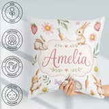Custom Name Easter Bunnies with Flowers Carrots White Background Square Filled Cushion Throw Pillow Sofa Bed Home Decor Zip Washable UK Made