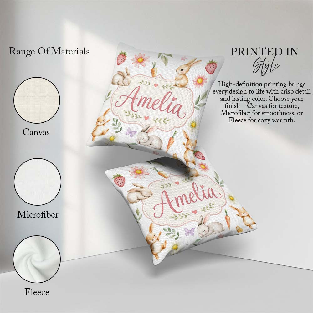 Custom Name Easter Bunnies with Flowers Carrots White Background Square Filled Cushion Throw Pillow Sofa Bed Home Decor Zip Washable UK Made