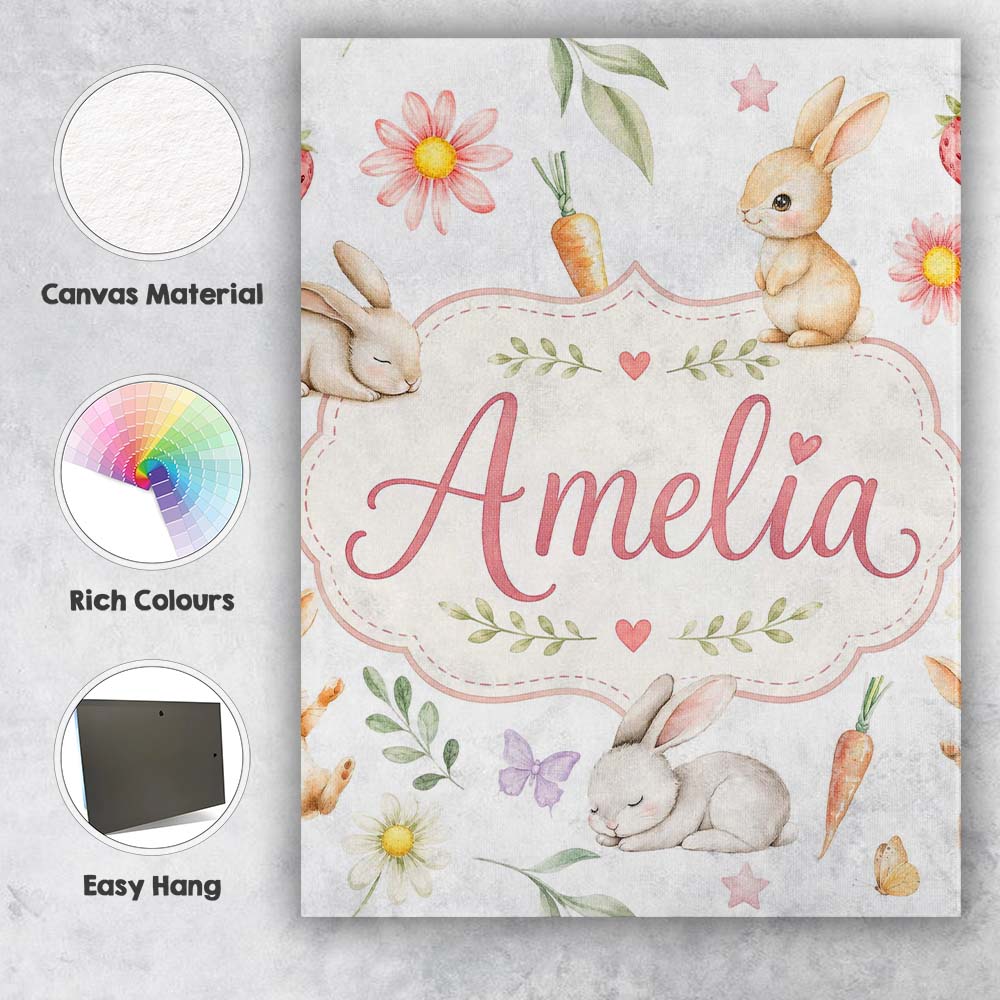 Personalised Name Cute Easter Bunnies with Custom  Unique Gift Idea Elegant Feature Canvas Wall Art Print Decor Picture Ready to Hang