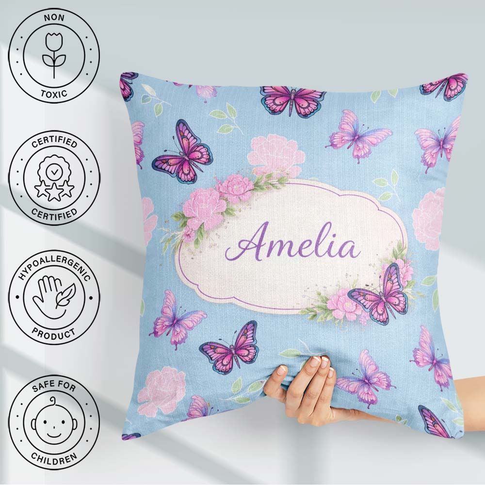 Custom Name Vibrant Pink Purple Sky Blue Seamless Pattern Lovely Square Filled Cushion Throw Pillow Sofa Bed Home Decor Zip Washable UK Made