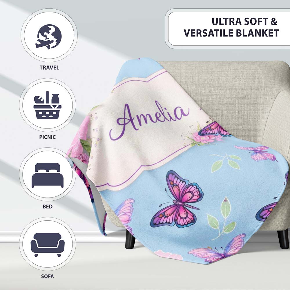 Vibrant Pink Purple Butterflies Sky Blue Seamless Pattern Lovely  Personalised Custom Name Super Soft Fleece Blanket Bed Sofa Throw