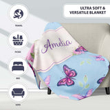 Vibrant Pink Purple Butterflies Sky Blue Seamless Pattern Lovely  Personalised Custom Name Super Soft Fleece Blanket Bed Sofa Throw
