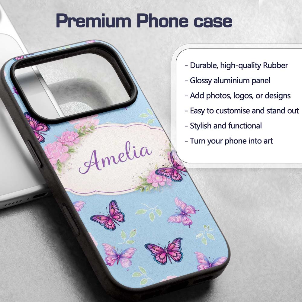 Vibrant Pink Purple Butterflies Sky Blue Seamless Custom Name Protective Phone Case Mobile Cover Durable Everyday Smartphone Shock Resistant