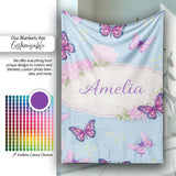 Vibrant Pink Purple Butterflies Sky Blue Seamless Pattern Lovely  Personalised Custom Name Super Soft Fleece Blanket Bed Sofa Throw