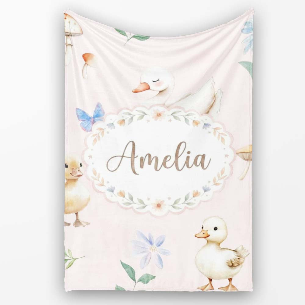 Swan and Ducklings with Flowers Mushrooms Soft Blush Seamless  Personalised Custom Name Super Soft Fleece Blanket Bed Sofa Throw