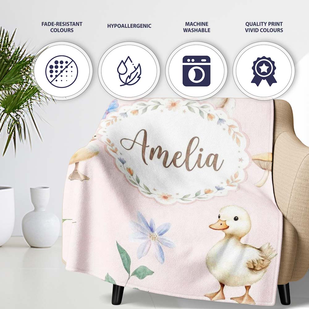 Swan and Ducklings with Flowers Mushrooms Soft Blush Seamless  Personalised Custom Name Super Soft Fleece Blanket Bed Sofa Throw