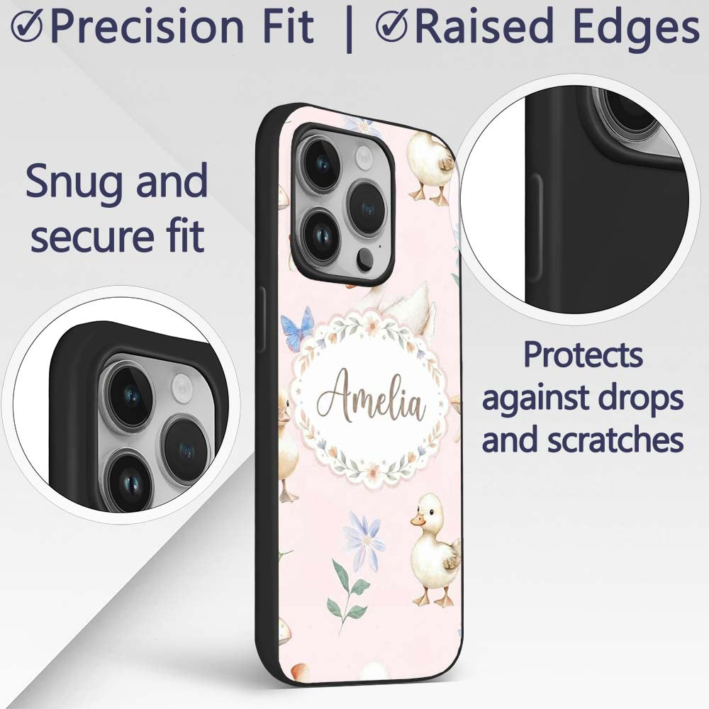 Swan and Ducklings with Flowers Mushrooms Soft Custom Name Protective Phone Case Mobile Cover Durable Everyday Smartphone Shock Resistant