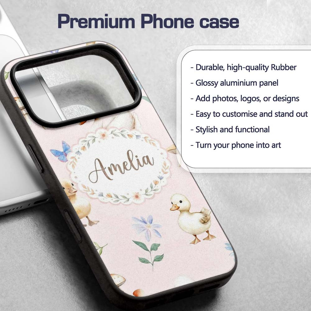 Swan and Ducklings with Flowers Mushrooms Soft Custom Name Protective Phone Case Mobile Cover Durable Everyday Smartphone Shock Resistant