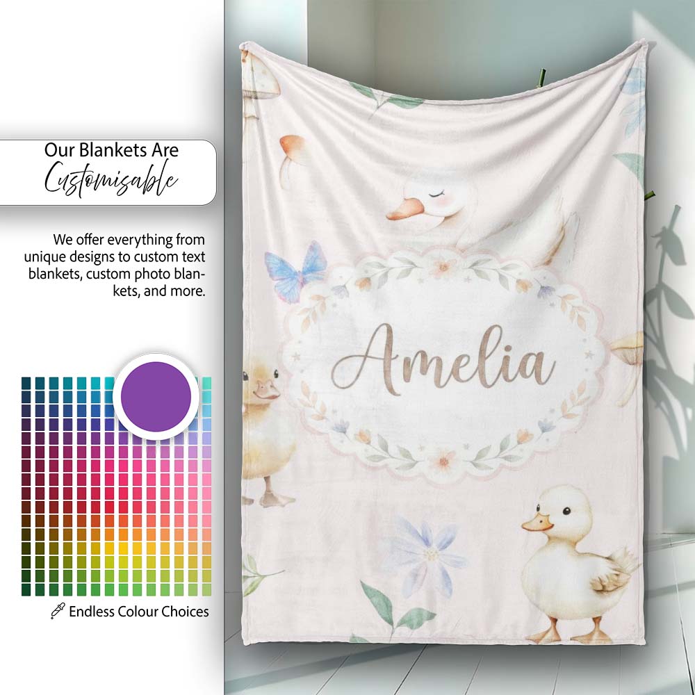 Swan and Ducklings with Flowers Mushrooms Soft Blush Seamless  Personalised Custom Name Super Soft Fleece Blanket Bed Sofa Throw