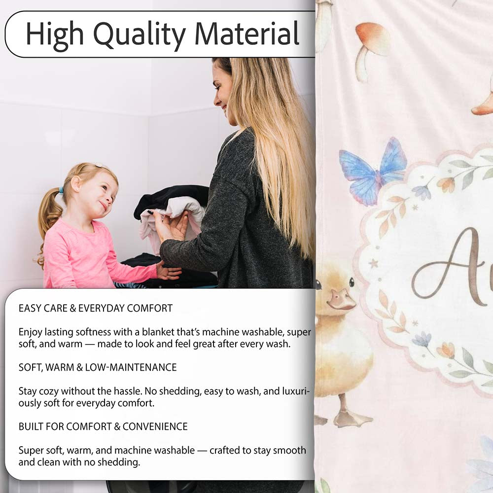 Swan and Ducklings with Flowers Mushrooms Soft Blush Seamless  Personalised Custom Name Super Soft Fleece Blanket Bed Sofa Throw
