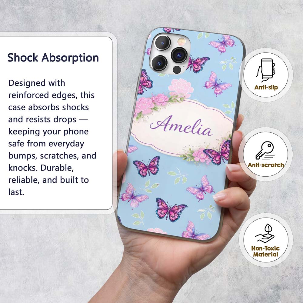 Vibrant Pink Purple Butterflies Sky Blue Seamless Custom Name Protective Phone Case Mobile Cover Durable Everyday Smartphone Shock Resistant
