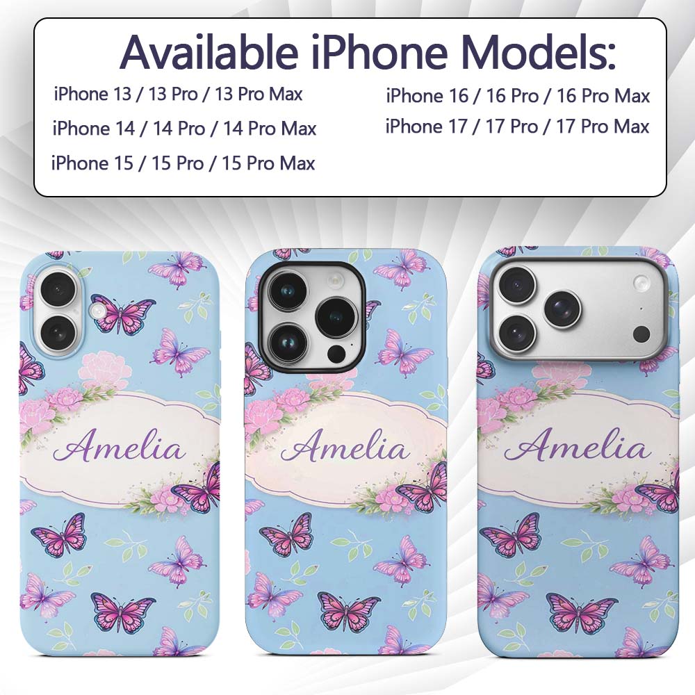 Vibrant Pink Purple Butterflies Sky Blue Seamless Custom Name Protective Phone Case Mobile Cover Durable Everyday Smartphone Shock Resistant