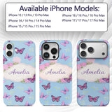 Vibrant Pink Purple Butterflies Sky Blue Seamless Custom Name Protective Phone Case Mobile Cover Durable Everyday Smartphone Shock Resistant