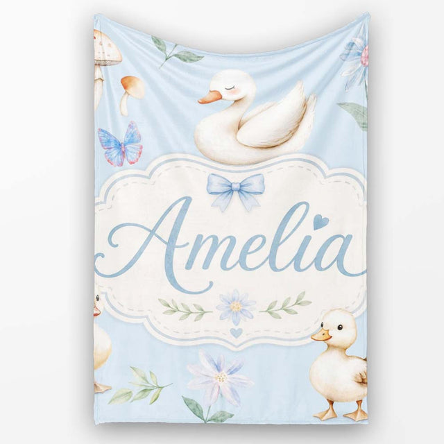 Swan and Ducklings with Flowers Mushrooms Soft Blue Seamless  Personalised Custom Name Super Soft Fleece Blanket Bed Sofa Throw