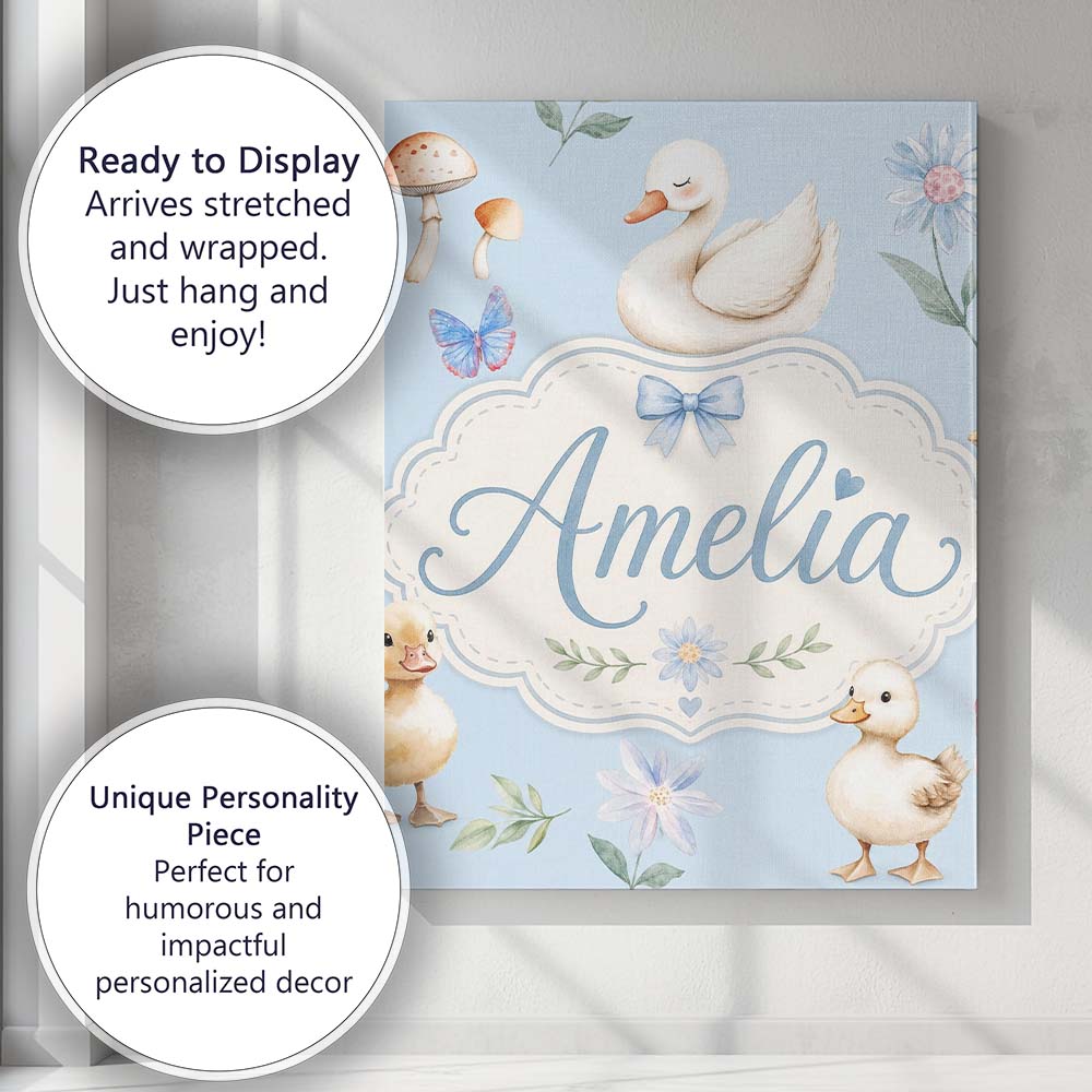 Personalised Name Swan and Ducklings with Custom  Unique Gift Idea Elegant Feature Canvas Wall Art Print Decor Picture Ready to Hang
