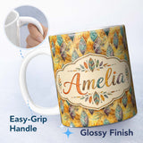 Personalized Custom Name Elegant Feather Leaves Boho Earth Tones Seamless Pattern Design 11oz Ceramic Coffee Tea Mug White Large Handle