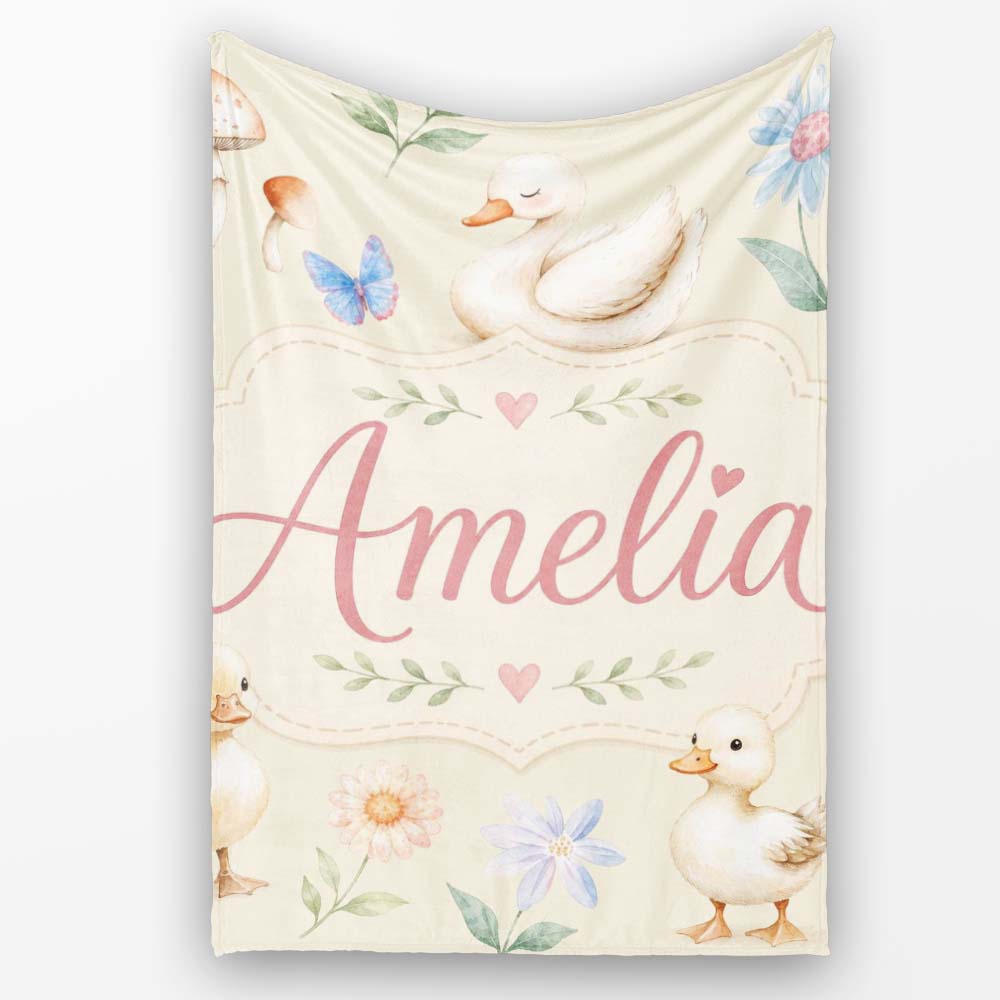 Swan and Ducklings with Flowers Mushrooms Soft Olive Seamless  Personalised Custom Name Super Soft Fleece Blanket Bed Sofa Throw