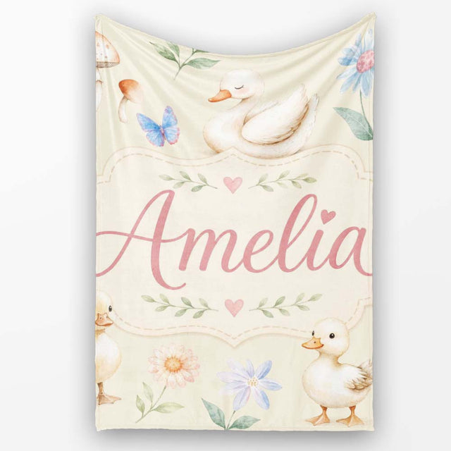 Swan and Ducklings with Flowers Mushrooms Soft Olive Seamless  Personalised Custom Name Super Soft Fleece Blanket Bed Sofa Throw
