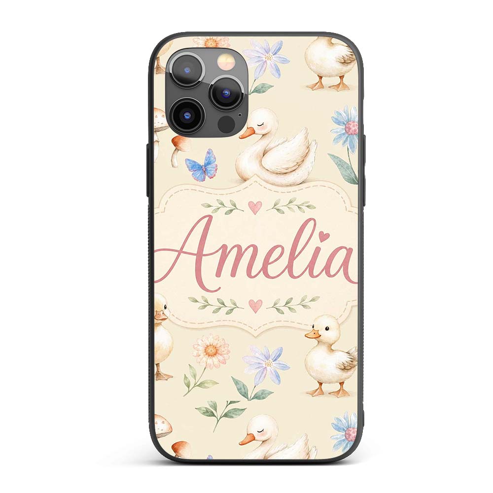 Swan and Ducklings with Flowers Mushrooms Soft Custom Name Protective Phone Case Mobile Cover Durable Everyday Smartphone Shock Resistant