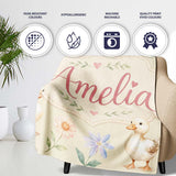 Swan and Ducklings with Flowers Mushrooms Soft Olive Seamless  Personalised Custom Name Super Soft Fleece Blanket Bed Sofa Throw