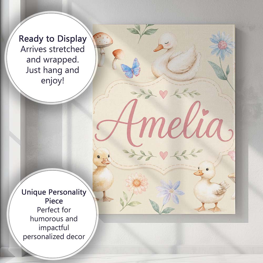 Personalised Name Swan and Ducklings with Custom  Unique Gift Idea Elegant Feature Canvas Wall Art Print Decor Picture Ready to Hang