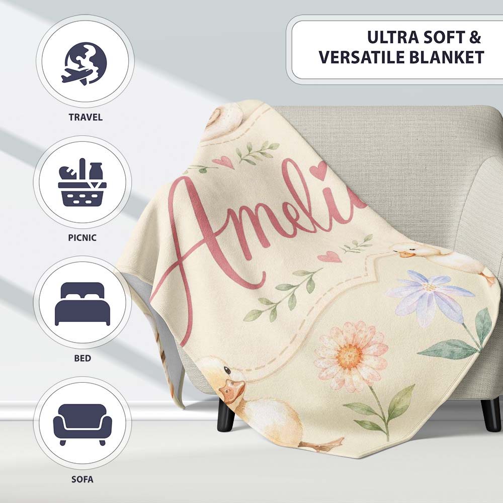 Swan and Ducklings with Flowers Mushrooms Soft Olive Seamless  Personalised Custom Name Super Soft Fleece Blanket Bed Sofa Throw