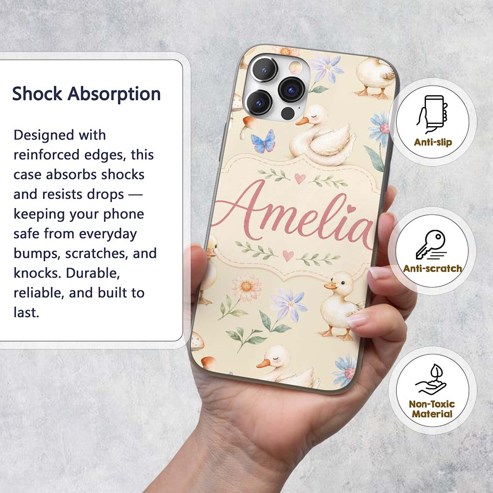 Swan and Ducklings with Flowers Mushrooms Soft Custom Name Protective Phone Case Mobile Cover Durable Everyday Smartphone Shock Resistant