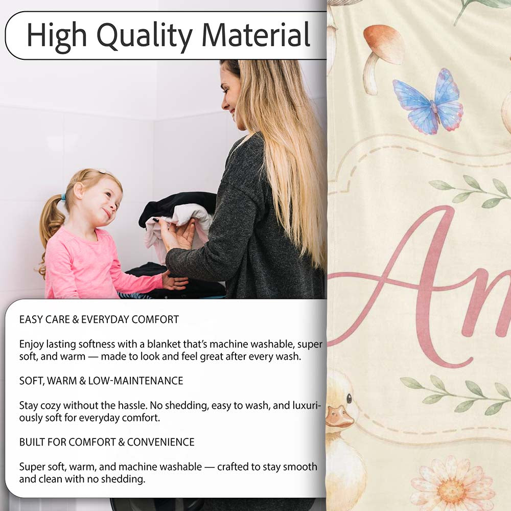 Swan and Ducklings with Flowers Mushrooms Soft Olive Seamless  Personalised Custom Name Super Soft Fleece Blanket Bed Sofa Throw