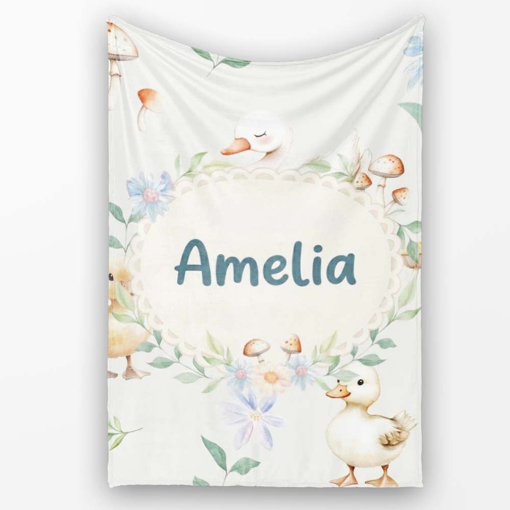 Swan and Ducklings with Flowers Mushrooms Soft Grey Seamless  Personalised Custom Name Super Soft Fleece Blanket Bed Sofa Throw