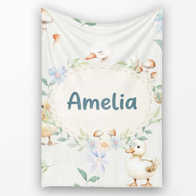 Swan and Ducklings with Flowers Mushrooms Soft Grey Seamless  Personalised Custom Name Super Soft Fleece Blanket Bed Sofa Throw