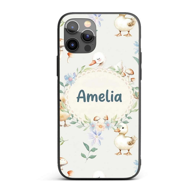Swan and Ducklings with Flowers Mushrooms Soft Custom Name Protective Phone Case Mobile Cover Durable Everyday Smartphone Shock Resistant