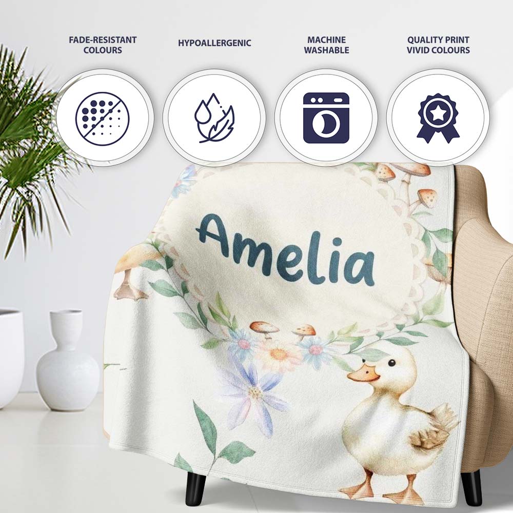 Swan and Ducklings with Flowers Mushrooms Soft Grey Seamless  Personalised Custom Name Super Soft Fleece Blanket Bed Sofa Throw