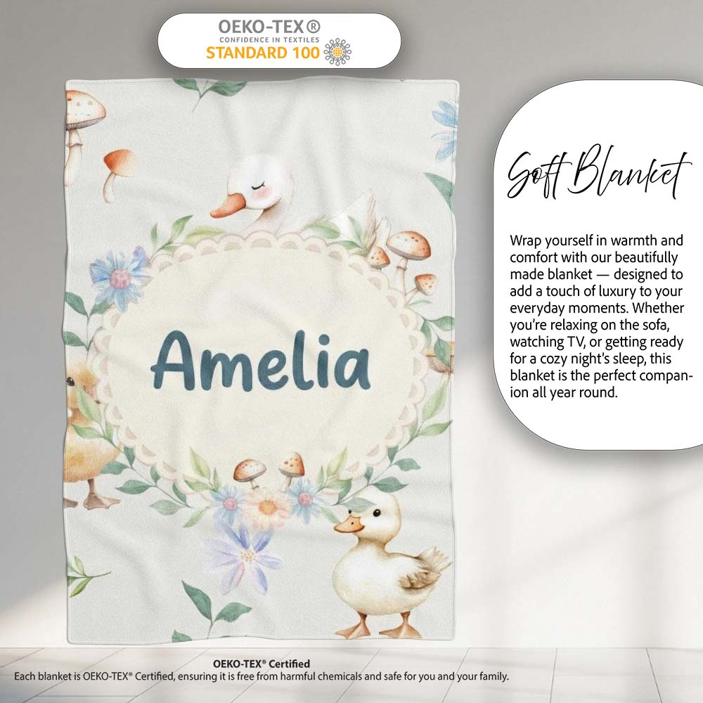Swan and Ducklings with Flowers Mushrooms Soft Grey Seamless  Personalised Custom Name Super Soft Fleece Blanket Bed Sofa Throw