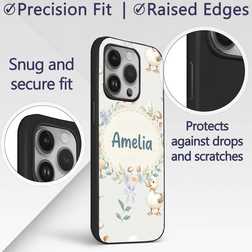 Swan and Ducklings with Flowers Mushrooms Soft Custom Name Protective Phone Case Mobile Cover Durable Everyday Smartphone Shock Resistant