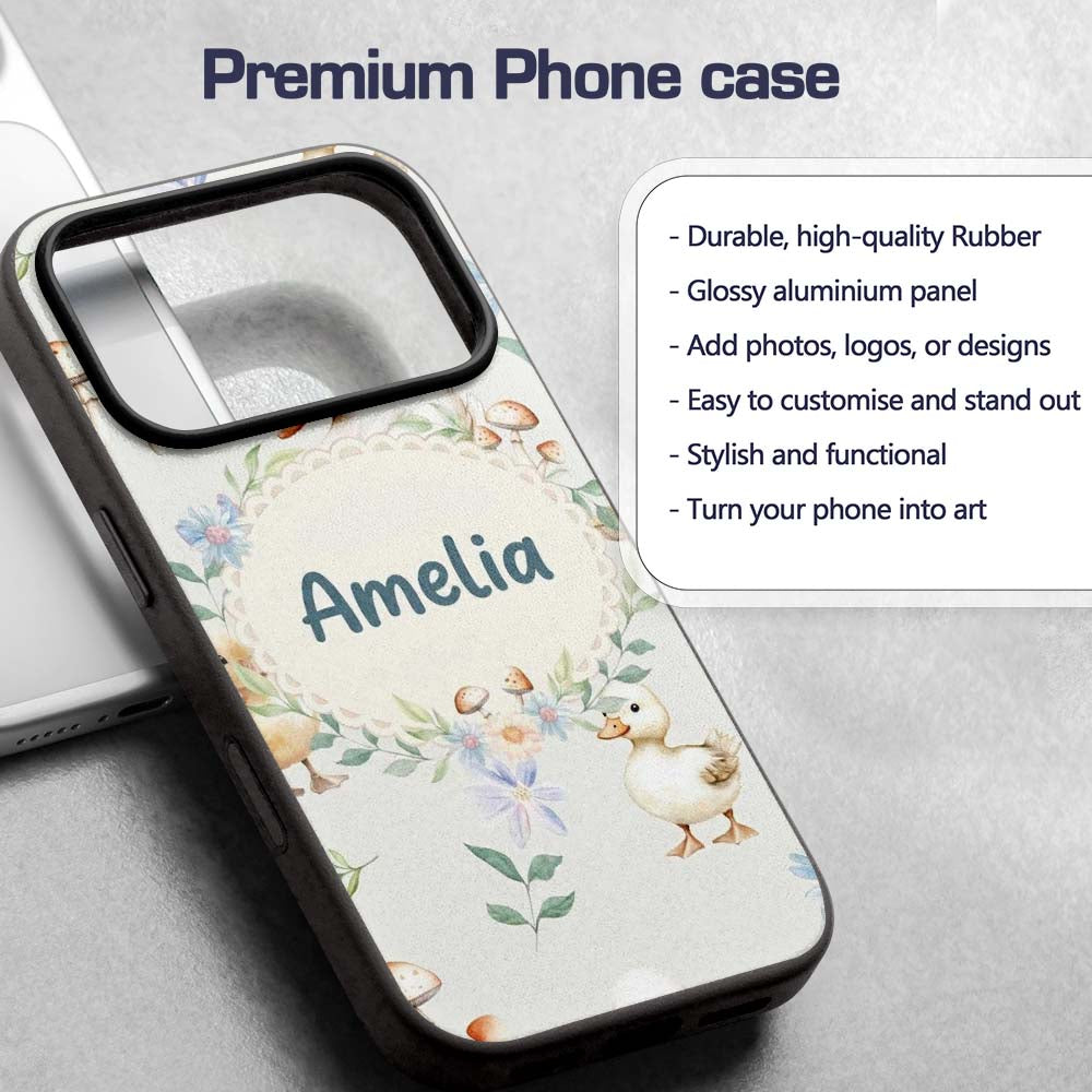 Swan and Ducklings with Flowers Mushrooms Soft Custom Name Protective Phone Case Mobile Cover Durable Everyday Smartphone Shock Resistant