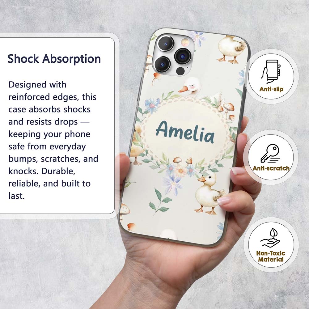 Swan and Ducklings with Flowers Mushrooms Soft Custom Name Protective Phone Case Mobile Cover Durable Everyday Smartphone Shock Resistant